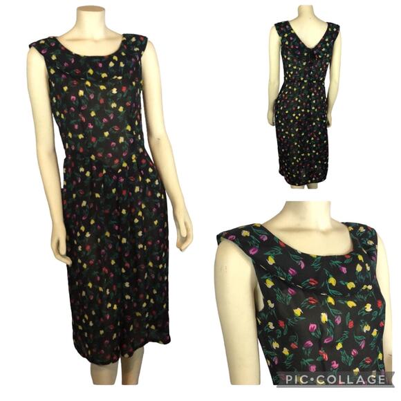 Vintage Y2K Floral black Sheer Sleeveless Dress with red & yellow tulips size 8 - Picture 1 of 12